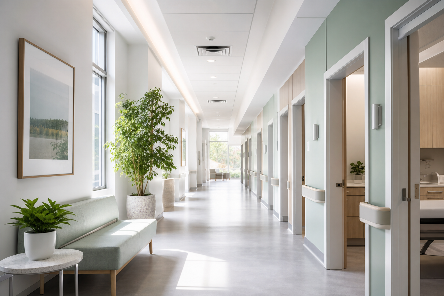 Bright modern clinic hallway with soft clinical lighting